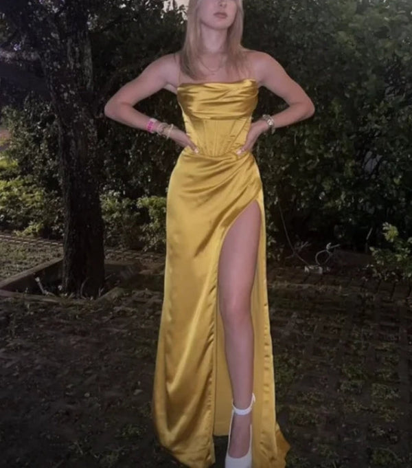 Yellow Satin Long Prom Dress Evening Party Dress with Slit Simple wedding guest dress