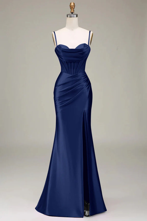 Navy Mermaid Spaghetti Straps Corset Prom Dress with Split Front，SSR1211