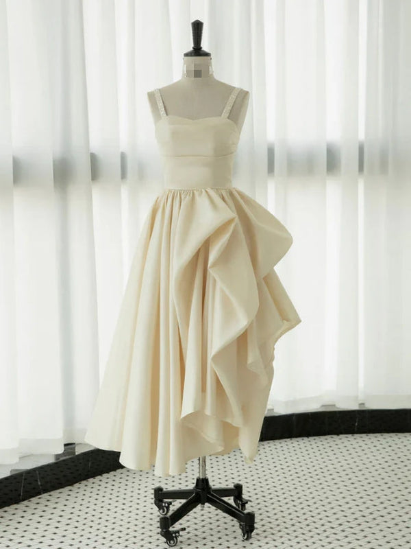 Ivory Satin Tea Length Prom Dress Formal Party Dress Elegant Evening Dress Formal Dress