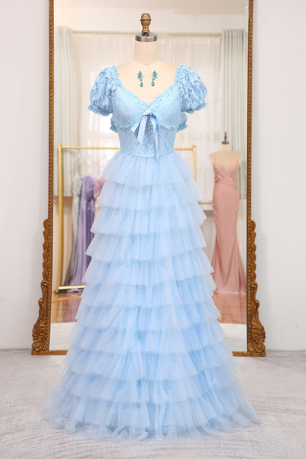 Short Sleeves Blue Lace and Tulle Tiered Dress