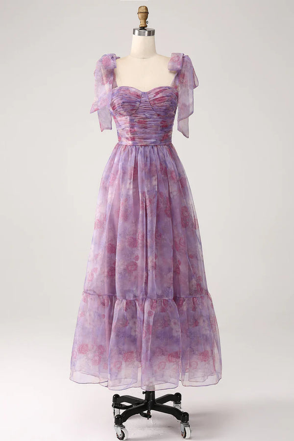 Purple Printed A Line Pleated Long Prom Dress，SSR1205
