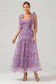 Purple A Line Pleated Printed Tea-Length Prom Dress，SSR1196
