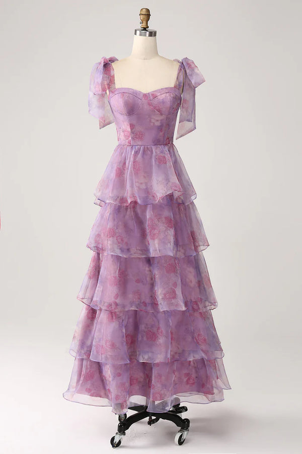 A Line Tiered Purple Printed Tea-Length Long Prom Dress，SSR1202