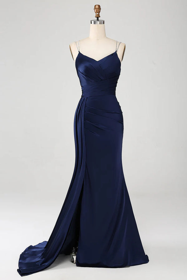 Navy Mermaid Spaghetti Straps Pleated Corset Long Prom Dress With Slit，SSR1199