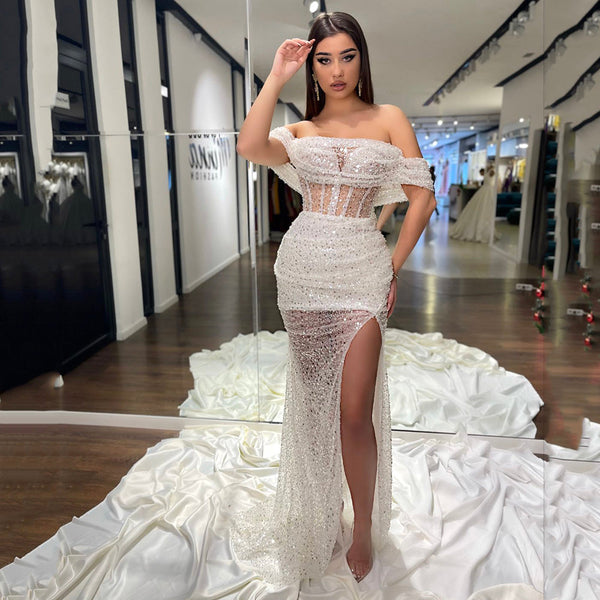 SSR1328,Sexy White Sequin Prom Dresses Off The Shoulder Evening Dress With Side Slit