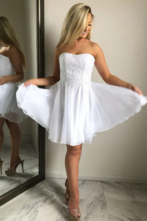 SSR1300,White Chiffon Homecoming Dresses Sweetheart Lace Graduation Dress