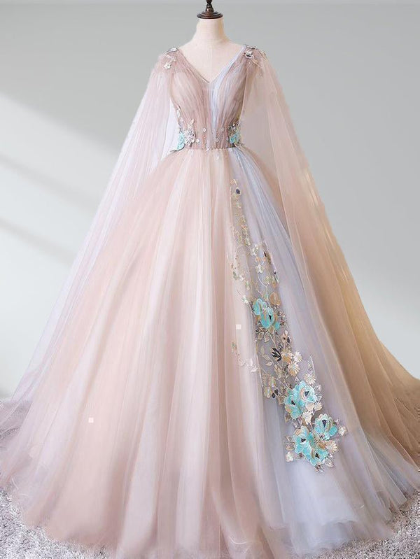 A Line Tulle Khaki Embroidery Appliqued Long Dresses