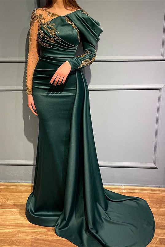 Dark Green Long Sleeves Beads Mermaid Evening Dress With Appliques ED0074