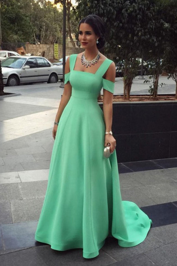 SSR0459,Green Off The Shoulder Prom Dresses With Sweep Train