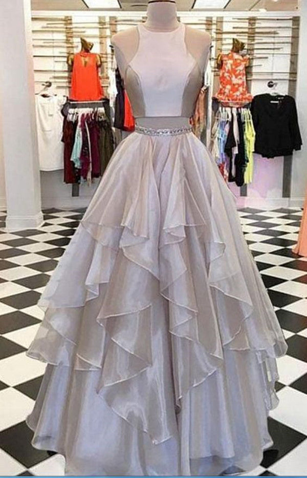 SSR1003,Two pieces prom dresses,halter organza a-line prom dress,sleeveless evening dresses