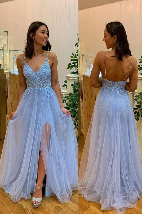 SSR0060,Sexy Spaghetti Straps V-Neck Long Prom Dress With Appliques,Blue Evening Dress