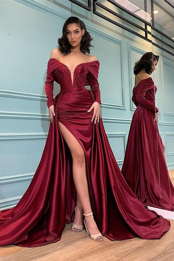 Burgundy Long Sleeves Evening Dress Mermaid PD0129