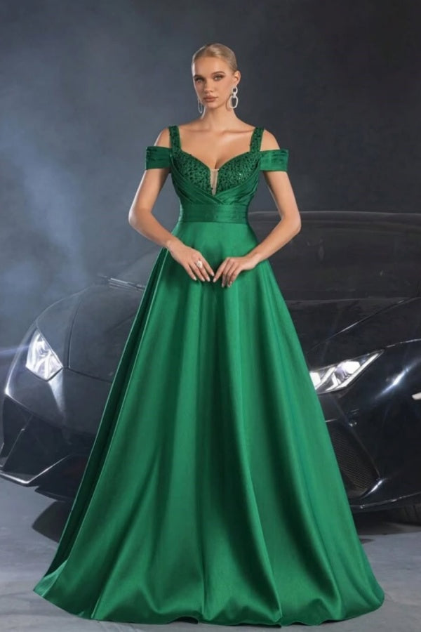 Green Sequins Wide Shoulder Straps Prom Dress ssr0343