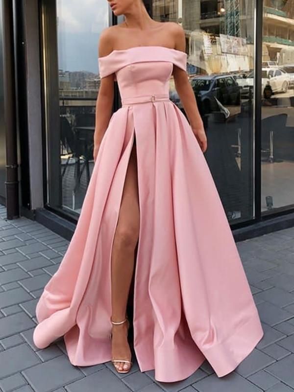 SSR0105,Discount Pink off the shoulder a line satin prom dress with side slit