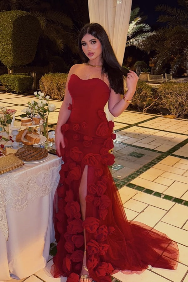Red Split Strapless Handmade Flowers Long Prom Dress ssr0598