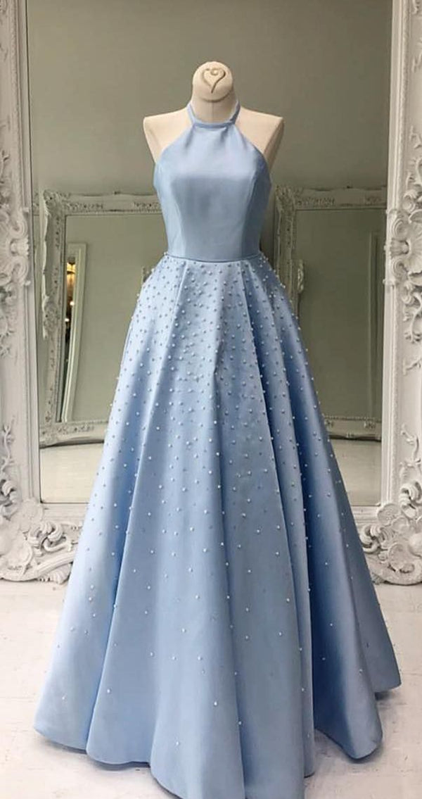 SSR0352,Beautiful light blue pearl beaded a line prom dresses halter a line evening dress