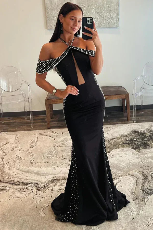 Black Halter Satin Mermaid Long Prom Dresses with Beading Sparkly Evening Dress