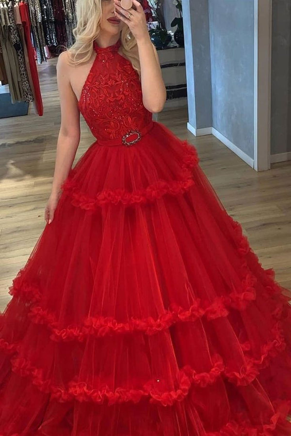 SSR1760, Princess Red Lace Long Prom Dresses, Red Formal Evening Dresses, Halter Lace Ball Gown