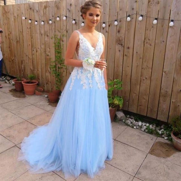 SSR0039,Elegant A Line Tulle Blue And White Appliques V Neck Long Prom Dresses