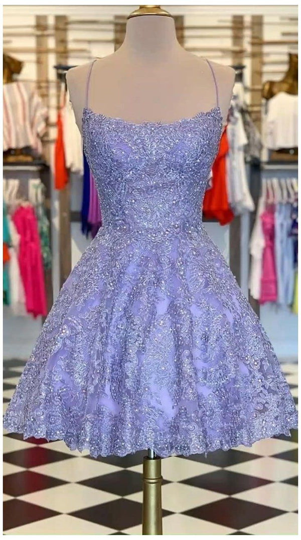 SSR0636,Purple applique homecoming dresses lace mini prom dress