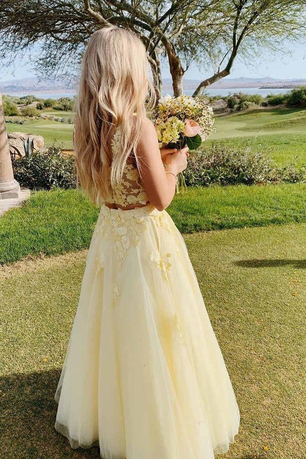 SSR0861,Two Piece Square Light Yellow Prom Dress with Lace Appliques