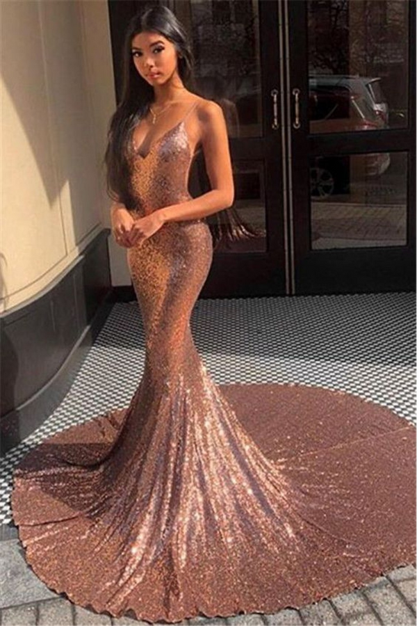 SSR0175,Charming Mermaid Prom Dresses Dusty Rose Backless V Neck Sequence Long Prom Dress Evening Long Dresses