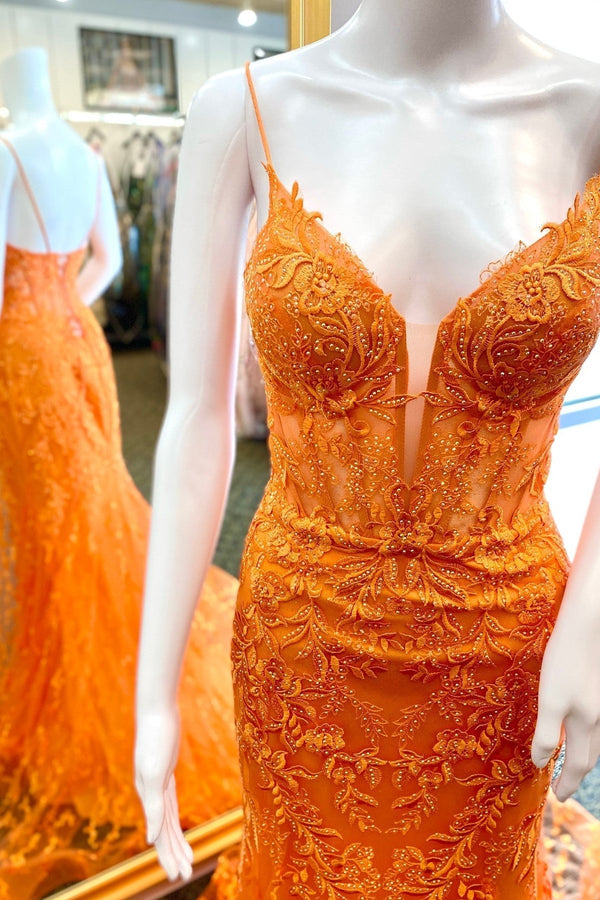 Straps Orange Lace Mermaid Long Formal Dress
