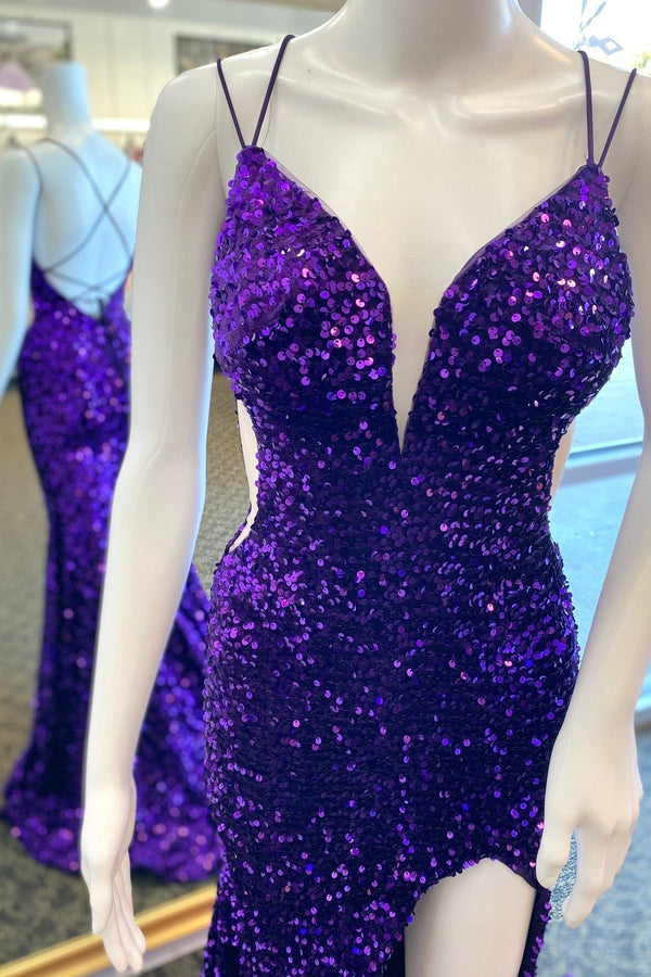 Purple Sequin Straps Mermaid Long Formal Dress