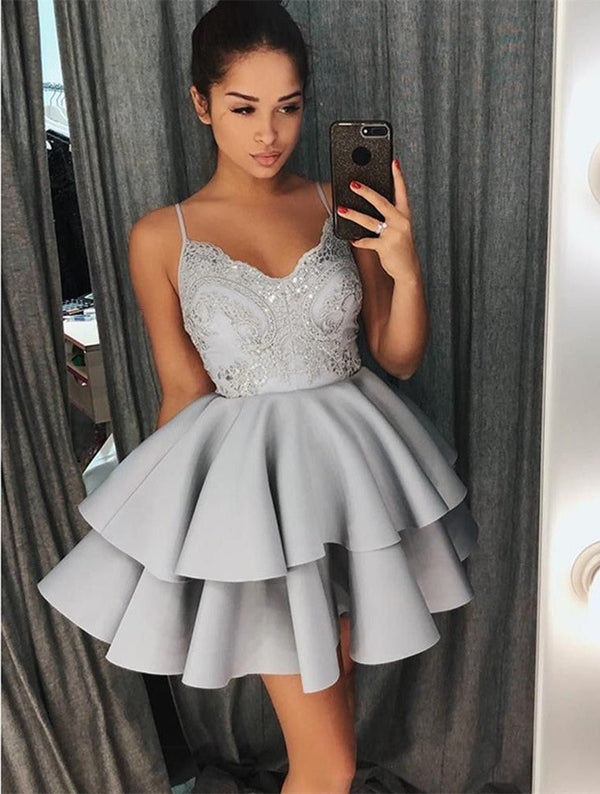 SSR0468,Grey Homecoming Dresses Spaghetti Straps Mini Prom Dress