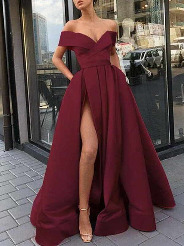 SSR0099,Discount Custom Made High Slit Off Shoulder Burgundy Prom Dress