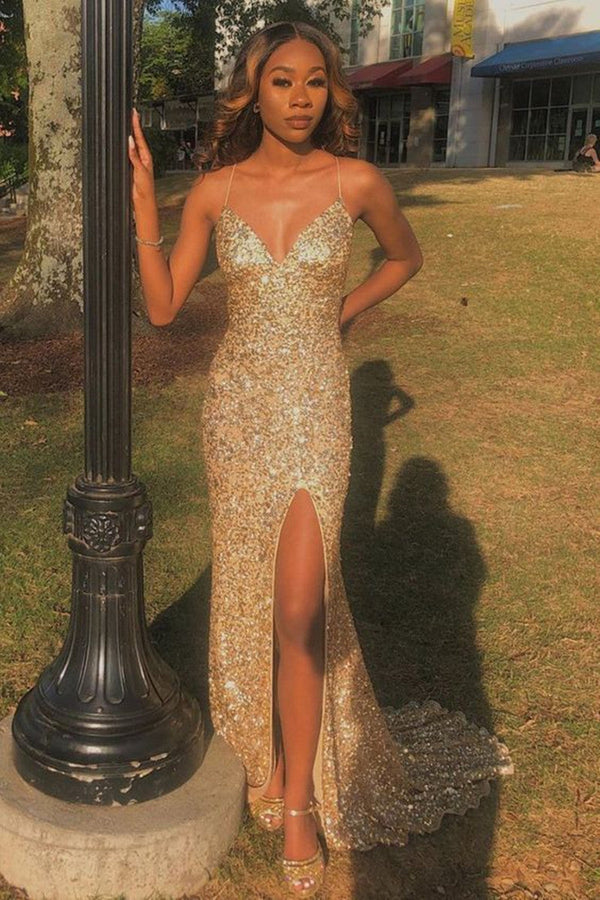SSR0942,Gold sequin spaghetti straps prom evening dresses