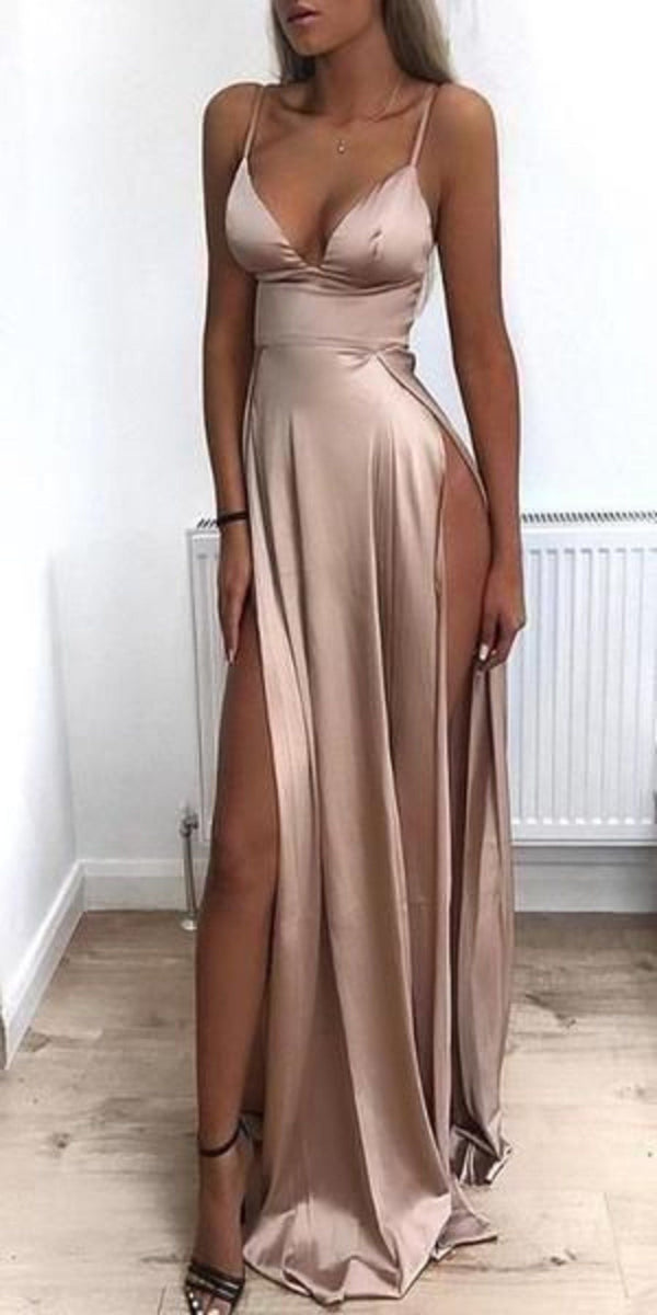 SSR0584,Spaghetti Straps Long Prom Dresses High Split Sexy Prom Dress