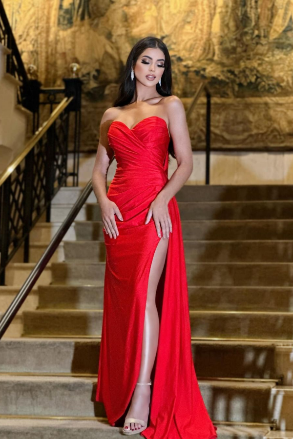 Red Strapless Pleated Sweetheart Prom Dress With Split ssr0100