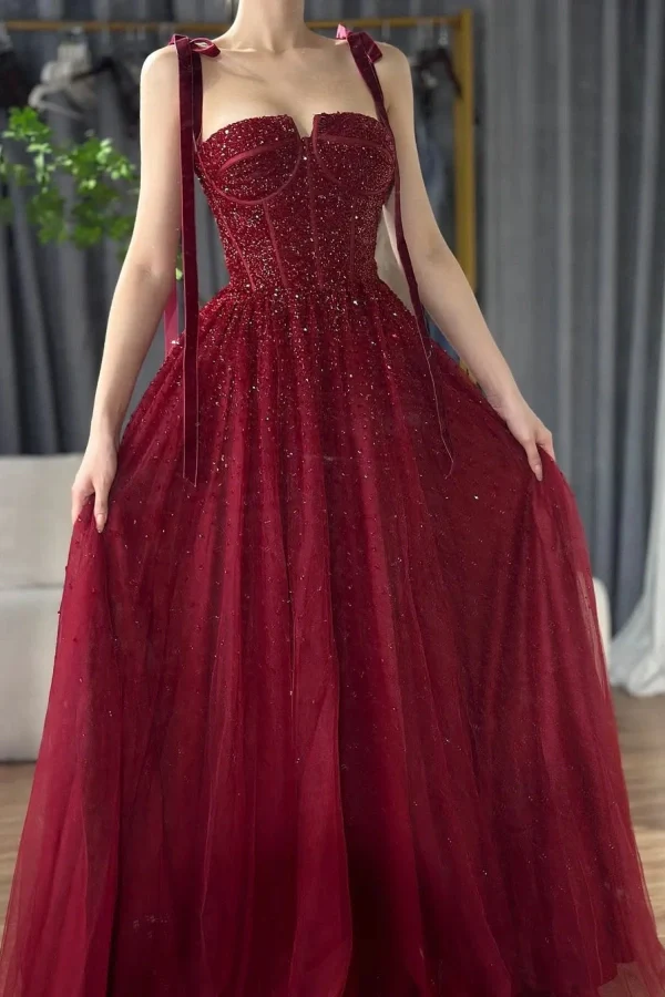 Burgundy Beaded Mesh Charming Prom Dress ssr0327