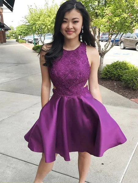 SSR1772,Purple O-Neck Homecoming Dress, A-Line Graduation Dress