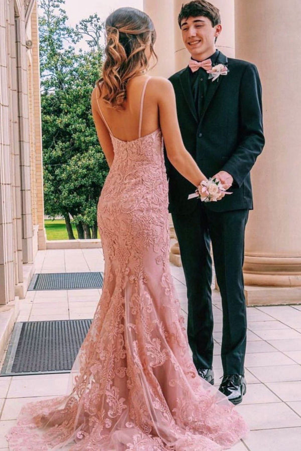 SSR0230,Elegant lace prom dress pink mermaid long evening party dresses