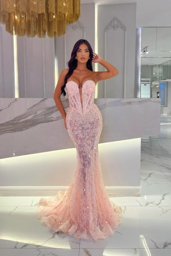 Romantic Pink Lace Mermaid Prom Dress ssr0206