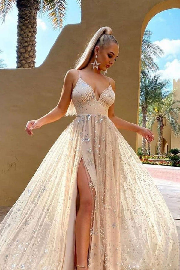 SSR0926,Champagne spaghetti straps a-line prom dresses v-neck starry evening formal gown side slit prom dress
