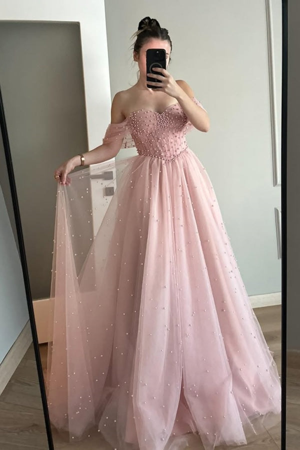 Pink Pearls Beaded Off-The-Shoulder Mesh Sweetheart Prom Dress ssr0328
