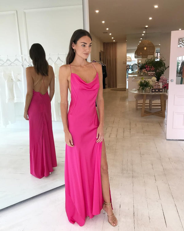 SSR0171, Hot pink silk satin prom dress open back long evening dresses