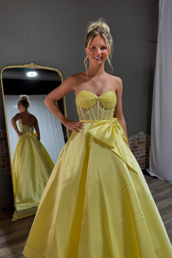 Yellow Sweetheart Sequins Strapless Bow-knot Prom Dress ssr0502