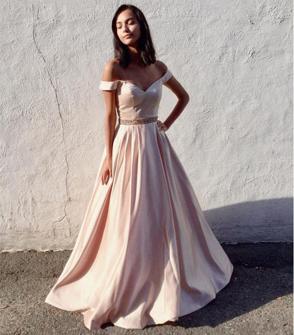 SSR0405,Elegant Off The Shoulder Prom Dresses A-Line Beaded Evening Dress Light Pink Formal Gown