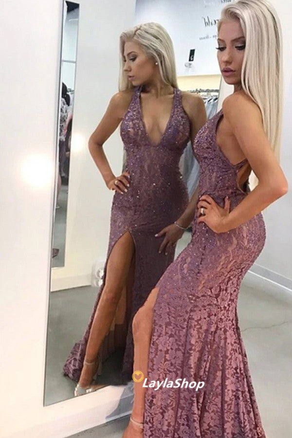 SSR0112,Sexy Bodycon Lace V neck Mermaid Prom Dress with Side Slit,Prom Dress for Black Girls