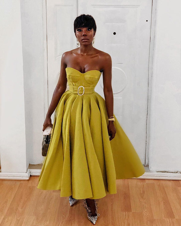 SSR0585,Strapless A-Line Prom Dresses Tea Length Ball Gown