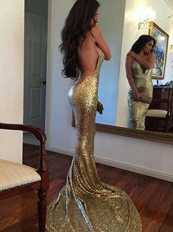 SSR0172,Sequin Mermaid Long Gold Sexy Deep V-Neck Spaghetti Strap Backless Sparkly Prom Dresses
