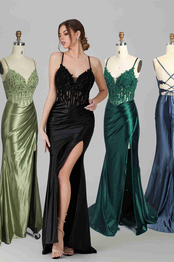 Mermaid Emerald Green Straps Ruched Prom Dress with Slit,SSR1178