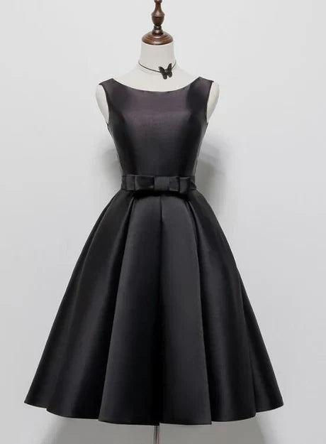 Black Satin Knee Length Round Neckline Party Dress Short Prom Dress Homecoming Dress Without Neck accessories