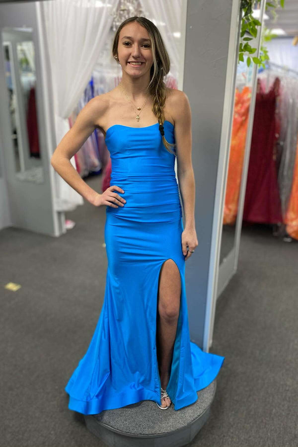 Strapless Blue Fitted Long Party Dress