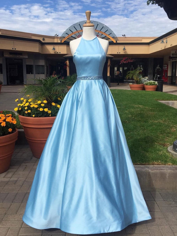 SSR0697,Blue ball gown a-line halter prom dresses beaded belt long prom dress