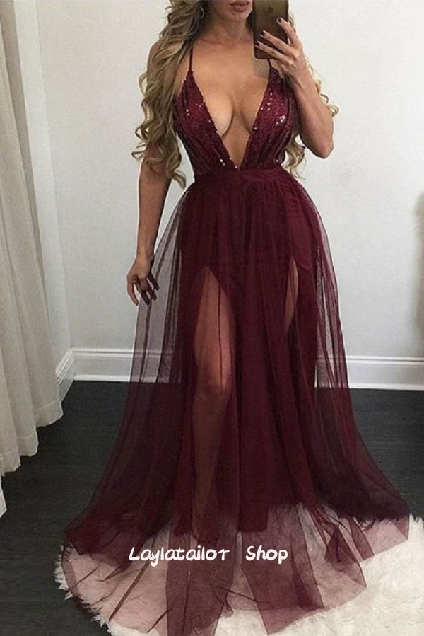 SSR1575,Burgundy Tulle V-Neck Long Prom Evening Dresses